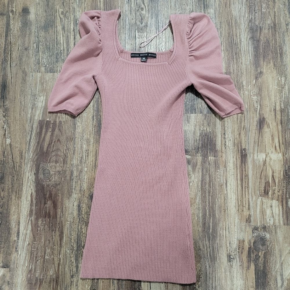 HyFVE Dusty Rose Pink Ribbed Puff Sleeve Bodycon Mini Dress Coquette